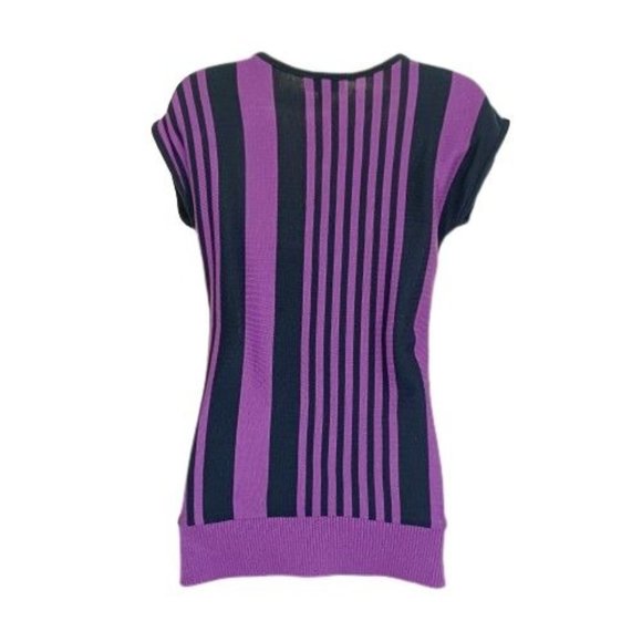 AB Studio Top Womens Large Black-Purple Sleeveless Knit Blouse Striped Crew Neck - Picture 7 of 11